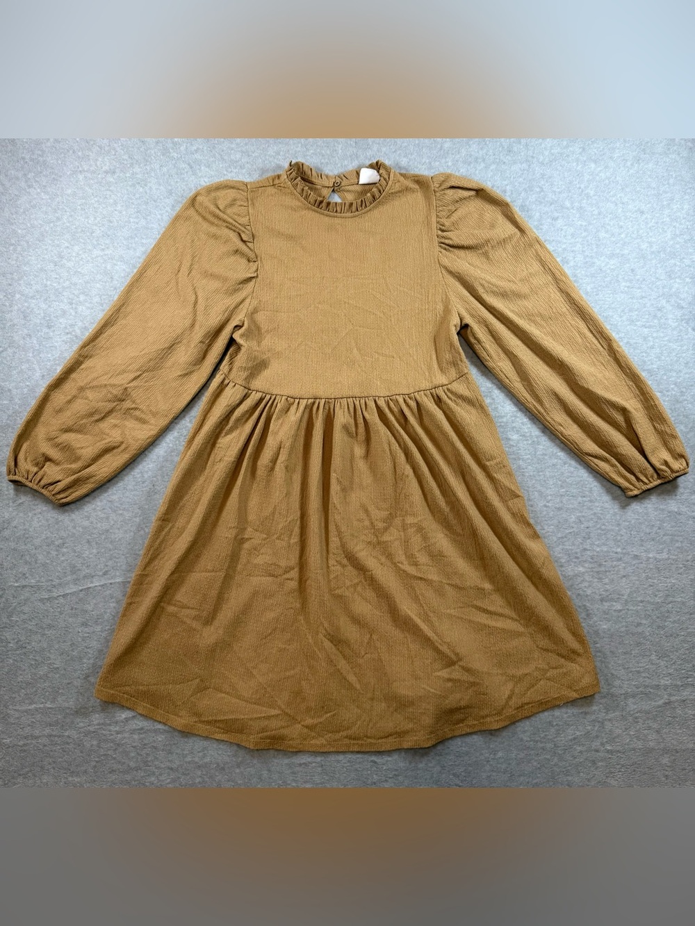Zara Girls Long Sleeve Ruffle Neck Dress - Mustard Brown